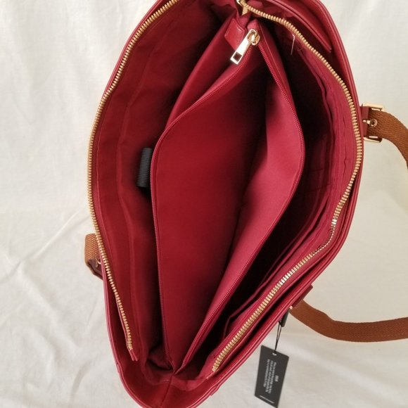 NWT! Burgundy Faux Leather Tote Bag w/Laptop Divider & Luggage Strap - Picture 6 of 14